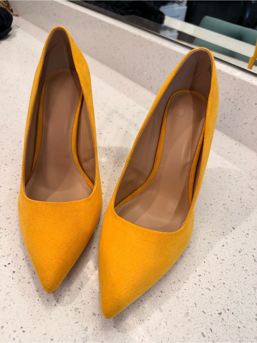 JustFab Pointed-Toe Pumps in Mustard Yellow Suede